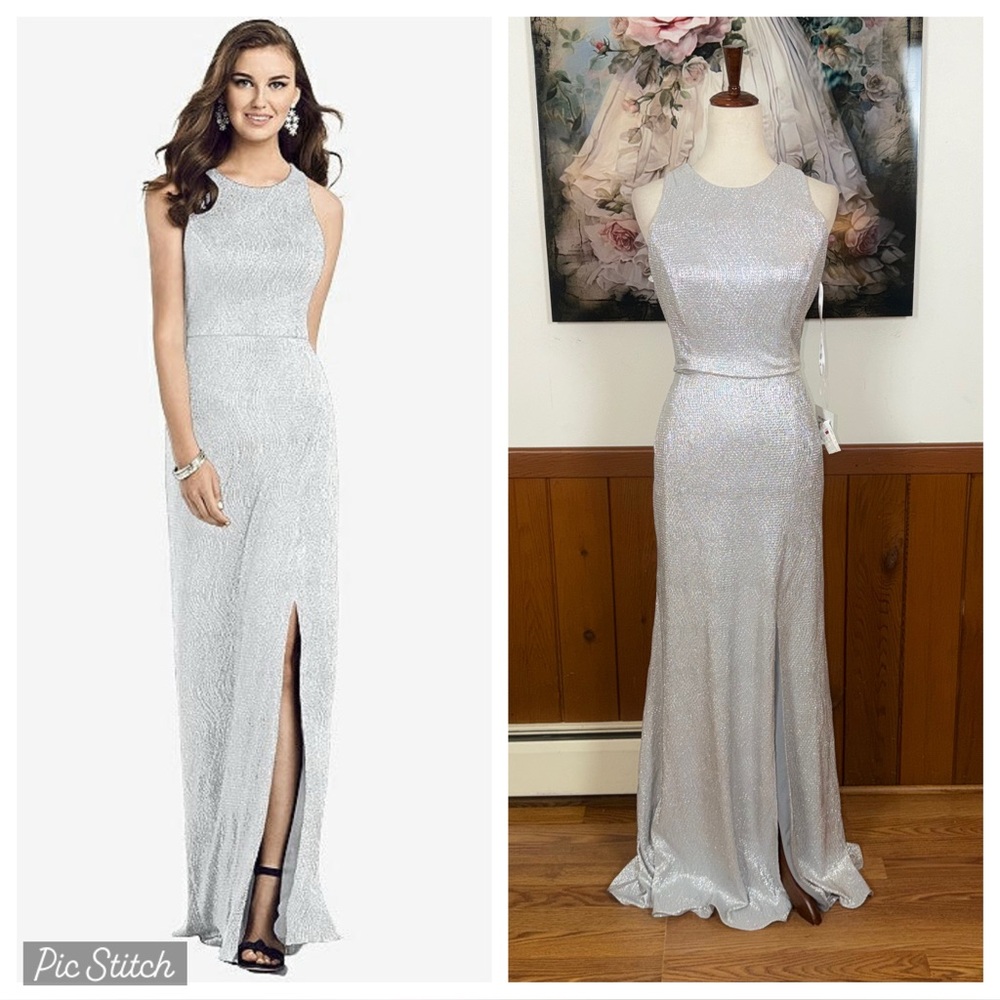 Elegant New Dessy Collection Silver Sparkle Gown